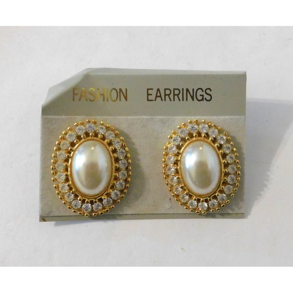Vintage 1980s Fashion Pierced Earrings Large Oval Faux Pearl Crystals Goldtone - Picture 4 of 7